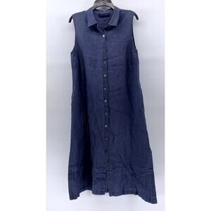 CHELSEA CAMBELL Women's Blue Linen Sleeveless Midi A-Line Shirt Dress SZ S